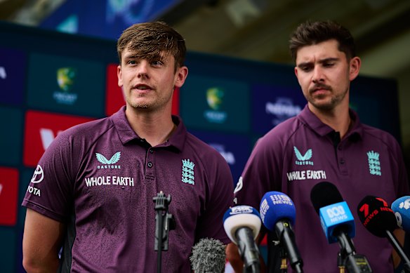 Jamie Smith (left) and Josh Tongue (right) from England take questions during the 2025/26 Ashes launch in Perth.