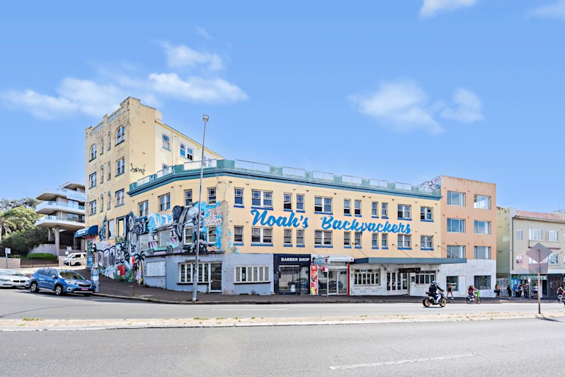 The South Bondi Hotel, formerly Noah’s Backpackers, is one of two properties for sale, once operated by troubled publican Jon Adgemis.