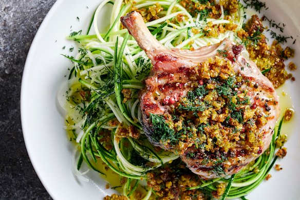Pepper pork cutlets with pickled zucchini salad and crispy falafel.