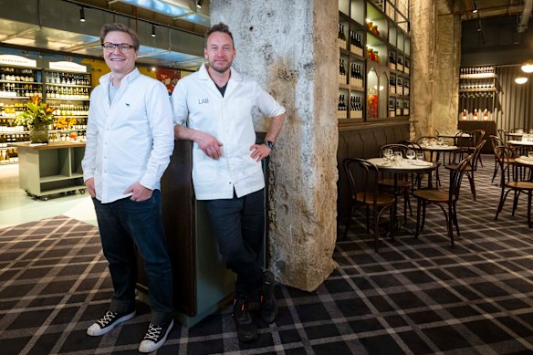 Josh Beagley, director of hospitality, and Matt Bax, leading the cocktail program, in Rodd &amp; Gunn’s Cellar &amp; Caffetteria.