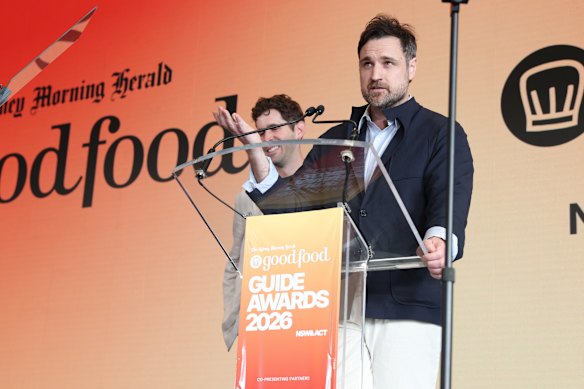 Good Food Guide co-editors Callan Boys (R) and David Matthews at the awards ceremony on Monday.