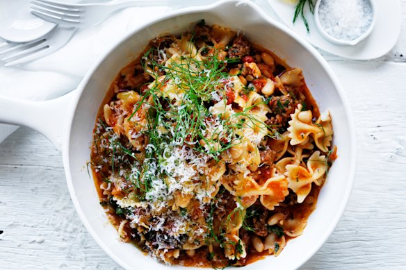 Neil Perry’s farfalle with sausage, fennel and beans.