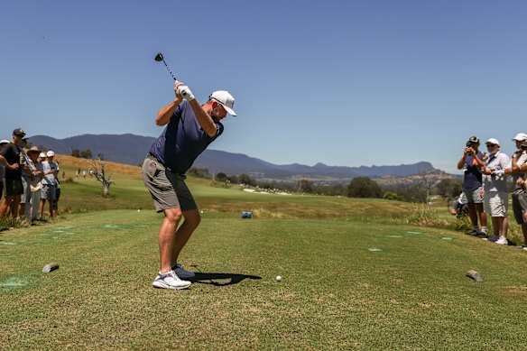 Marc Leishman tees off at the 2023 Cathedral Invitational.