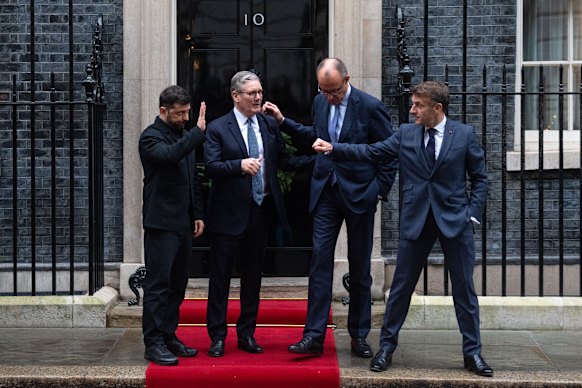 (From left) Ukrainian President Volodymyr Zelensky with Keir Starmer, Friedrich Merz and Emmanuel Macron in London this week.