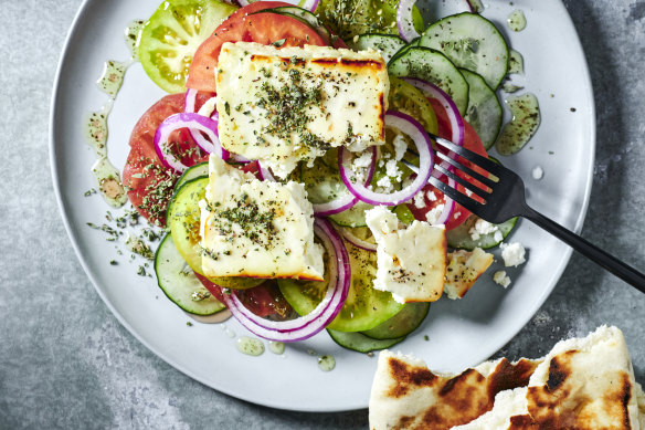 Greek salad with honey-baked feta.