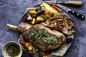 Roast leg of lamb on root vegies.