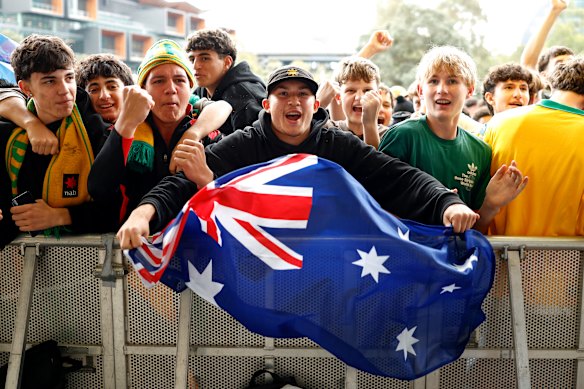 Fans watch the FIFA World Cup match between the Socceroos and Paraguay on the big screen at Tumbalong Park.
