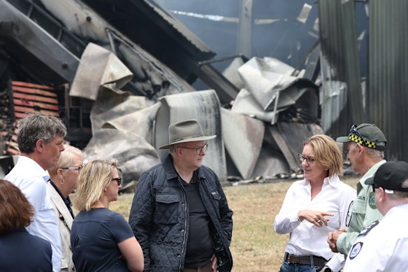 Premier Jacinta Allan in the fire ravaged town of Harcourt with Prime Minister Anthony Albanese earlier this week.