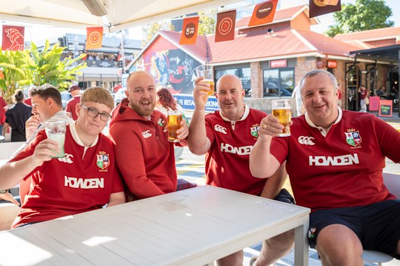 Lions fans Morgan Lloyd, Leigh Watkins, Kevin Lloyd and Kevin Adams, at The Barracks in Brisbane.