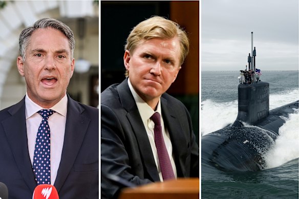 Defence Minister and Deputy Prime Minister Richard Marles (left), Elbridge Colby (centre), who is leading the US review into AUKUS, and a US Navy Virginia-class submarine.