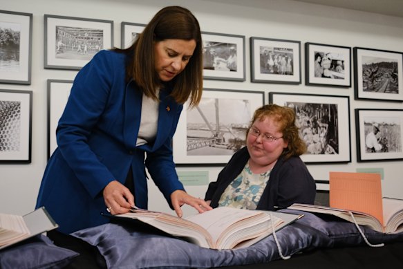 Queensland Attorney-General Deb Frecklington and Dr Jessica Stroja look through some of the 1995 cabinet documents at the State Archives last month.