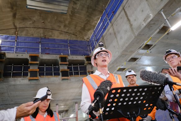 Bart Mellish visiting the Albert Street Station construction site in 2023 as transport minister.