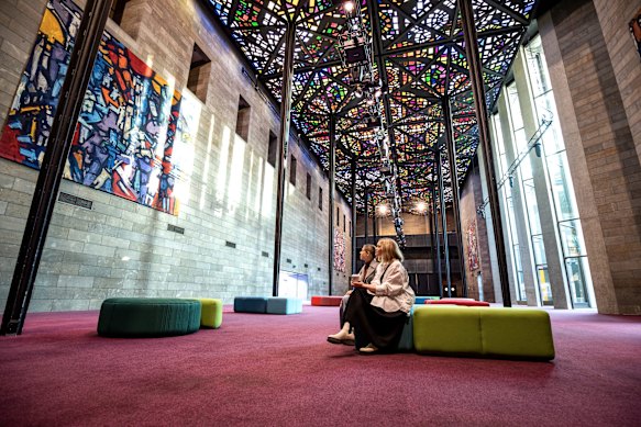 The stunning stained-glass Great Hall inside the National Gallery of Victoria, Melbourne.