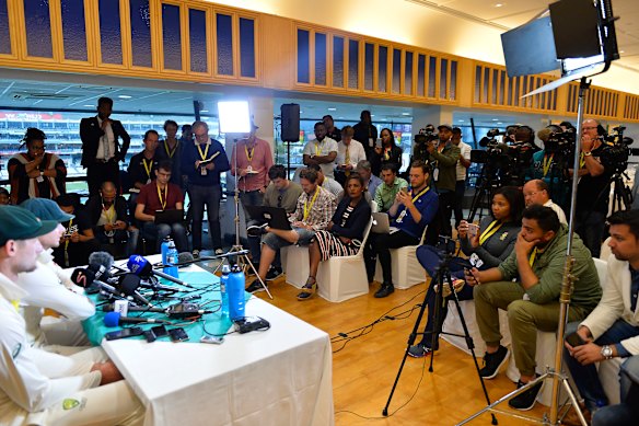 Cameron Bancroft and Steve Smith front an infamous press conference at Newlands.