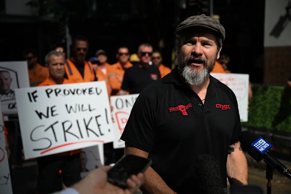 Banned former CFMEU national president Jade Ingham with Cross River Rail workers during industrial action last year.
