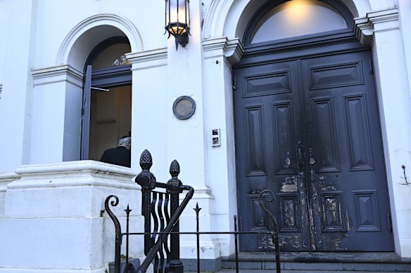 The scorched door of the East Melbourne Synagogue after it was set alight on Friday evening.