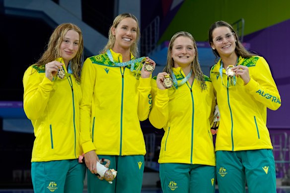 (L-R): Mollie O’Callaghan, Emma McKeon, Chelsea Hodges and Kaylee McKeown after winning gold in the women’s 4x100m medley relay at the 2022 Commonwealth Games in Birmingham. 
