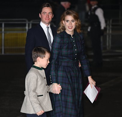 Princess Beatrice, stepson Christopher Woolf and husband Edoardo Mapelli Mozzi at Westminster Abbey in 2023.