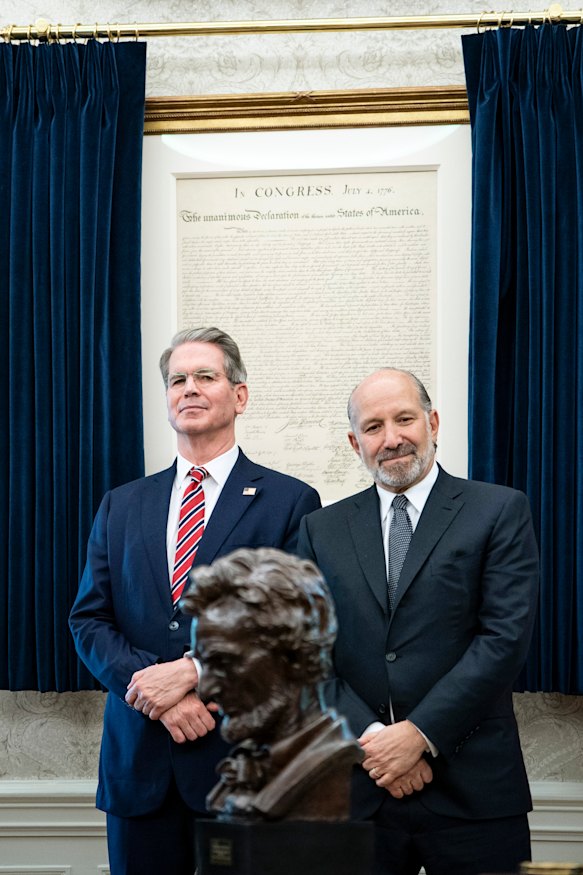 Treasury Secretary Scott Bessent, left, and Commerce Secretary Howard Lutnick earlier this year. Both met  the Emiratis while Sheikh Tahnoon was in Washington in March.
