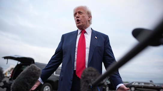 “Obviously, it’s no time to be talking about pardons,” Donald Trump said after landing in Scotland.