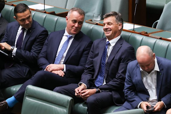 Wilson shares a laugh with Liberal leader Angus Taylor in February.