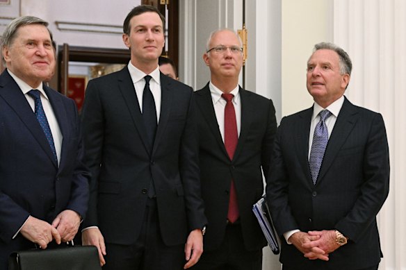 At the Kremilin ahead of the meeting with Putin, from left to right: Russian foreign policy adviser Yuri Ushakov; Jared Kushner; Kremlin envoy Kirill Dmitriev; and US envoy Steve Witkoff.