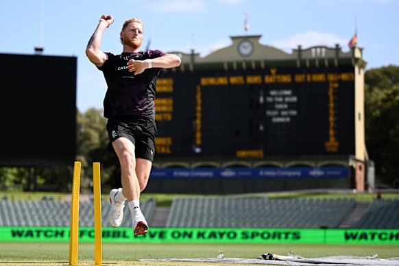Ben Stokes bowls during training at the Adelaide Oval.