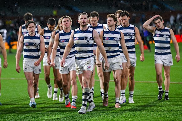 Dangerfield leads the Cats off the ground after their one-point loss against his former side.
