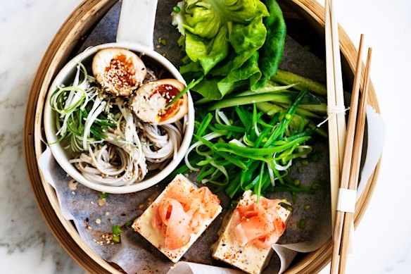 Sesame soba noodles withe soy eggs.