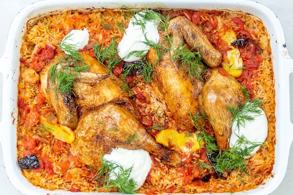 Karen Martini’s roast chicken, tomato and cumin butter-baked  rice.