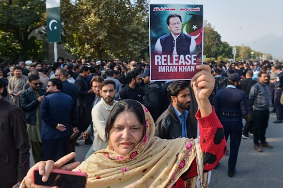Supporters of Pakistan’s imprisoned former prime minister Imran Khan protest outside Islamabad High Court this month.