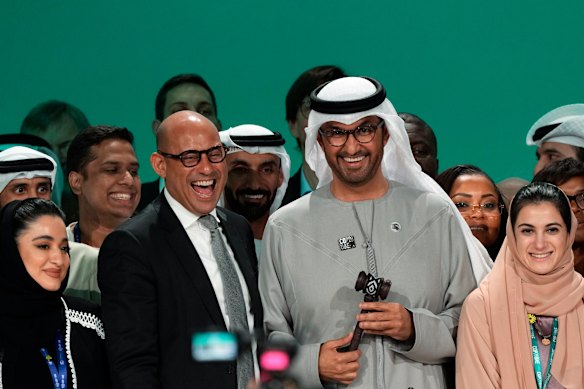 United Nations climate chief Simon Stiell and COP28 president Sultan al-Jaber at the end of the COP28 in Dubai in 2023.