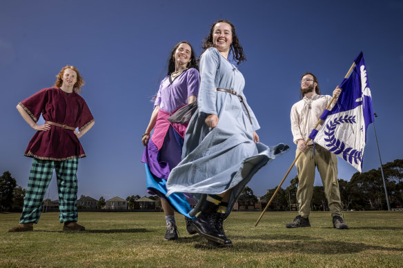 Members of Monash University’s Medieval Club (left to right): Massillon Fetherstone-Haugh, Runfrior Keillselgr (not their real names), Megan Burton and Zachary Bessemer.
