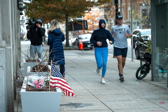 Flowers left at the scene in downtown Washington where two National Guard soldiers were shot.