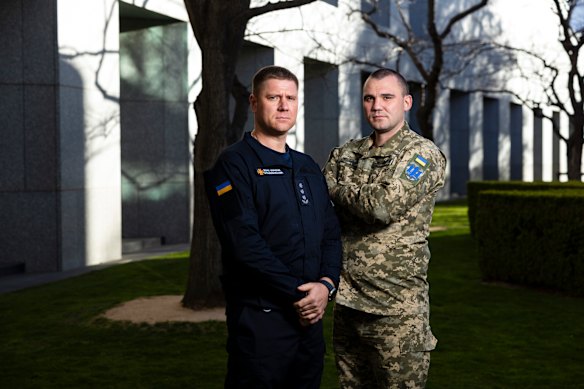 Colonel Mykola Fedkalov and Lieutenant-Colonel Andrii Berezovsky visited Parliament House in Canberra to request more military assistance for Ukraine.