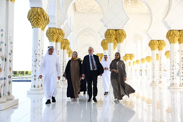 Prime Minister Anthony Albanese and Jodie Haydon visit Sheikh Zayed Grand Mosque in Abu Dhabi, United Arab Emirates on Monday.