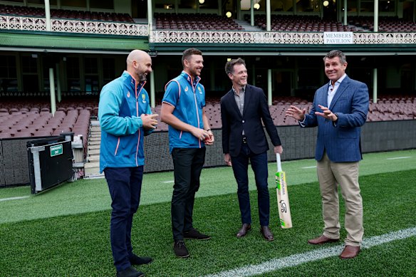 NSW Premier Chris Minns with Cricket Australia chairman Mike Baird (right) and Australian cricketers Nathan Lyon and Josh Hazlewood in 2024.