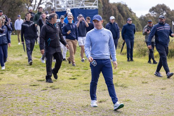 Rory McIlroy walks the course at Royal Melbourne