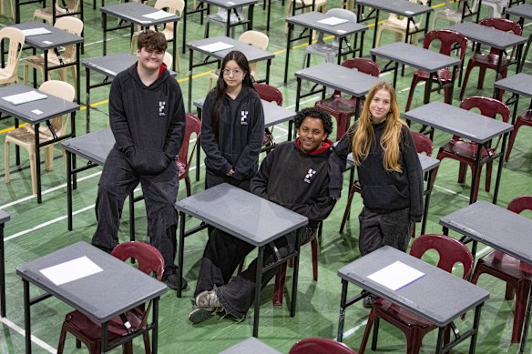 The three-hour English exam was mandatory for Footscray High School students (from left) Herbie Garock, Jennifer Nguyen, Noah Regassa and Sylvie Ward.