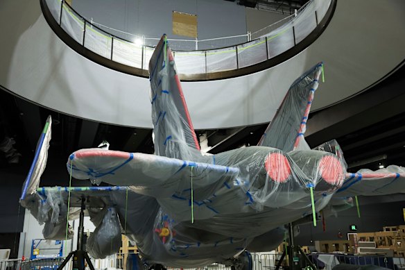 The F/A-18 Hornet in the Middle East Gallery, with pool noodles used as padding on the sharp edges.