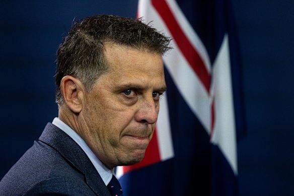 Health Minister Ryan Park at a press conference on Tuesday morning responding to questions about the alleged sabotage at two Sydney hospitals.