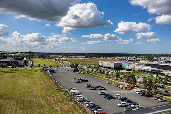 This carpark near what will end up the middle of Oran Park could eventually be home to a metro station, extending the new Western Sydney Airport line. The developers worked with Transport for NSW on the configurations.