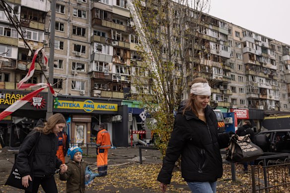 Ludmilla, 34, was injured in a drone strike while sleeping on November 29, 2025 in Kyiv, Ukraine. Russian missiles and drones slammed residential Kyiv overnight, killing two civilians and injuring dozens, including a child.  