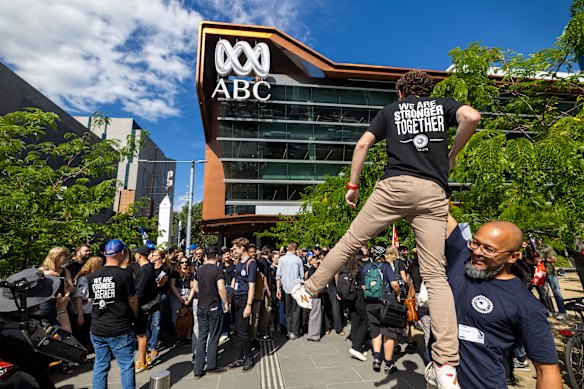 The scene outside ABC studios in Melbourne as the broadcaster’s staff walk out on strike for the first time in 20 years.