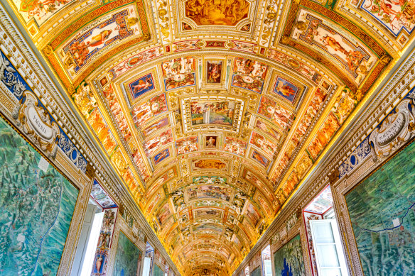 The ornate ceiling of the Gallery of Maps.
