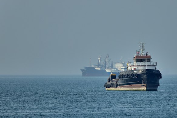 An Iranian tugboat in the Strait of Hormuz with a cargo ship at anchor. Traffic in the waterway ground to a halt at the outbreak of the war.