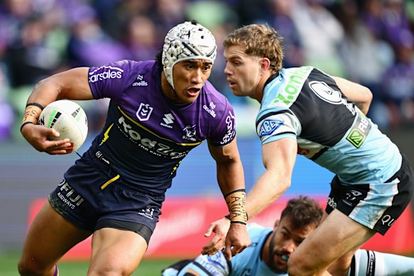 Melbourne’s Sualauvi Faalogo on the burst against Cronulla.