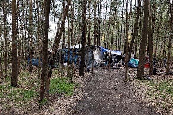 One of the homes in a camp on the bank of the Murrumbidgee River where the woman gave birth.