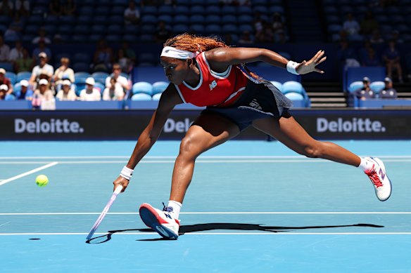 Coco Gauff of Team USA in action against Team Greece’s Maria Sakkari at RAC Arena on Wednesday.