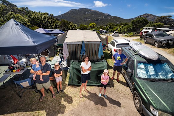 Loyal Wilsons Prom campers Matt Vigus with baby Augustus, Beatrix Vigus, Molly Hodgson, Violet Vigus and Cullen Smith. 